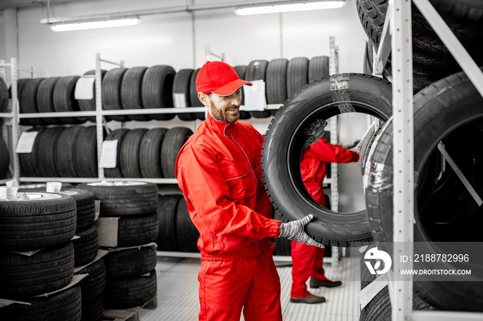 Two men in red uniform working in the warehouse with new car tires