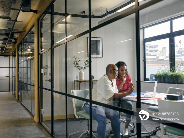 Two women looking at laptop in office