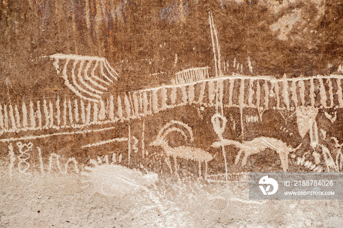 Bighorn Sheep Calendar  Design from Native American Petroglyphs. This panel of animals, footprints, and lines is located in the White River Narrows Archaeological District.