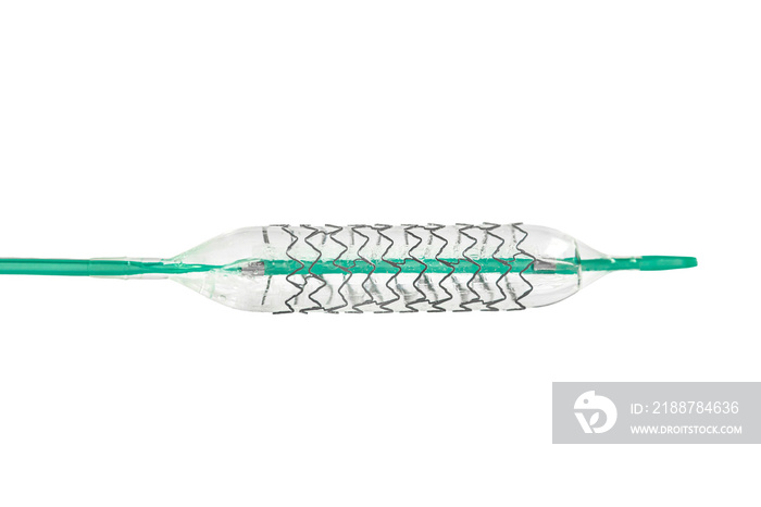 Stent and catheter for implantation into blood vessels with an empty and filled balloon. Metal stent for implantation and supporting blood circulation into blood vessels. High resolution photography.