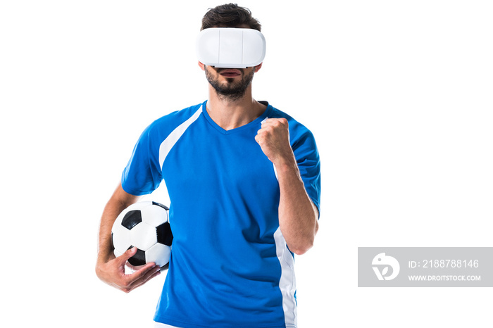 soccer player in virtual reality headset with ball cheering with clenched hand Isolated On White