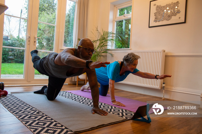 Senior couple exercising on mats