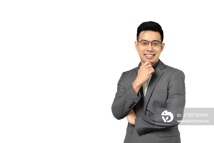 Portrait of Asian businessman happy smiling in grey confident suit. Isolated on grey background in studio with Clipping Path.