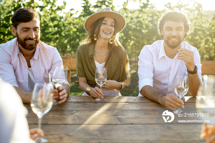 Group of a young people drinking wine and having fun together while sitting at the dining table outdoors on the vineyard on a sunny evening