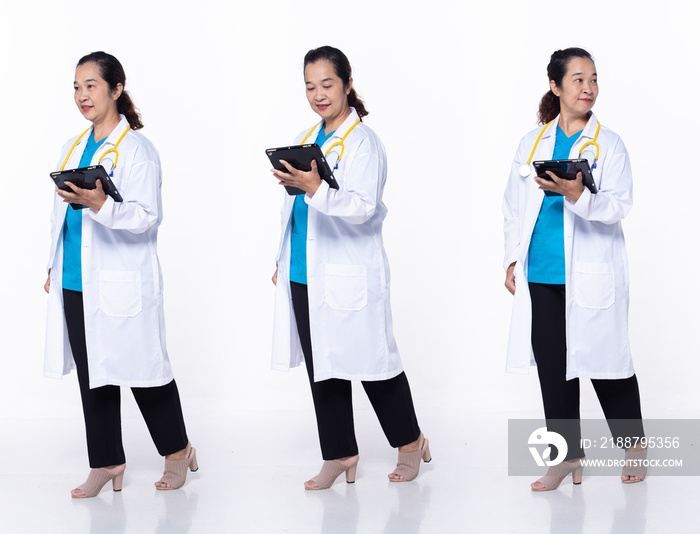 Full length 40s 50s Asian Senior Woman medical healthcare Doctor, walking forward left right