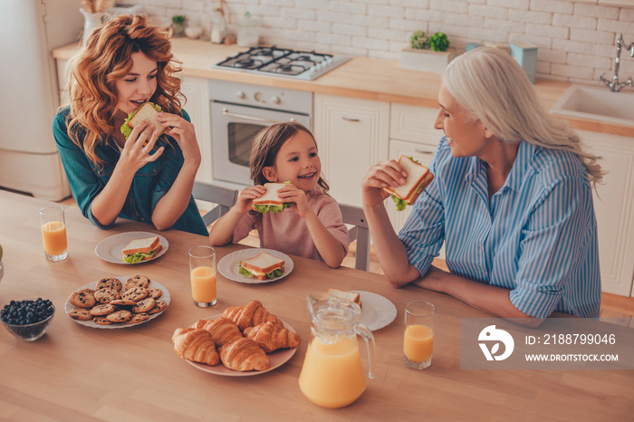 overhead view of three generations family eating sandwiches for breakfast at domestic kitchen together