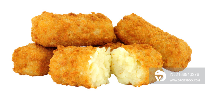 Group of crispy mashed potato croquettes isolated on a white background