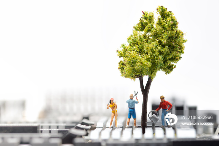 Group of people growing a tree on circuit board. Green environment concept