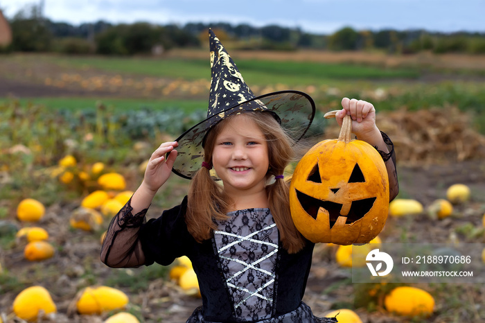 Little girl in witch costume playing on pumpkin field. Child having fun at Halloween trick or treat.