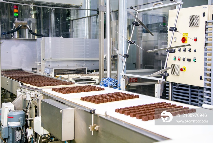 Sweets factory. Sweets production process. Conveyor belt with sweets on it.