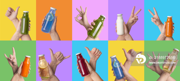 Hands with detox drinks on colorful backgrounds, set of photos