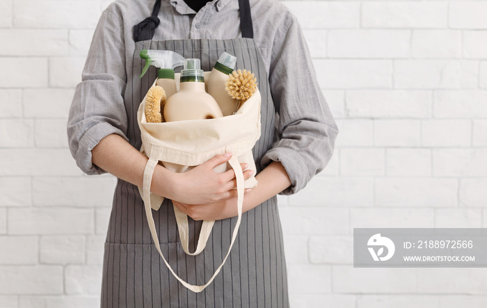 Unrecognizable woman holding Eco friendly products for home cleaning