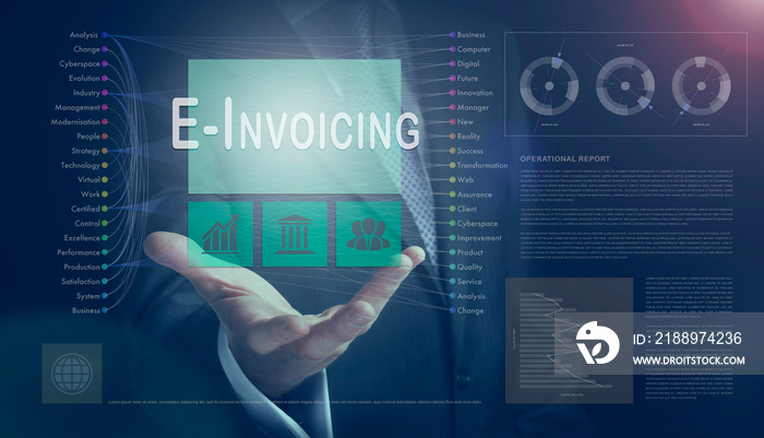 Businessman outreached hand holding a E-Invoicing business concept on a computerised screen display.