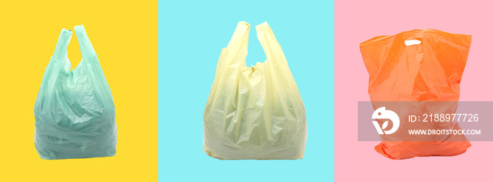 彩色背景上的塑料袋。