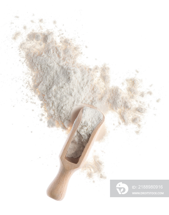 flour with wooden scoop isolated on white background