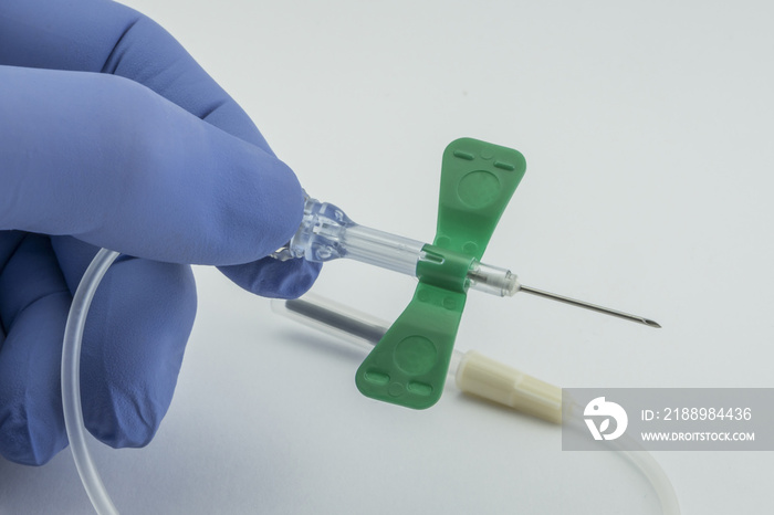 Nurse with blue glove holding a catheter of venipuncture