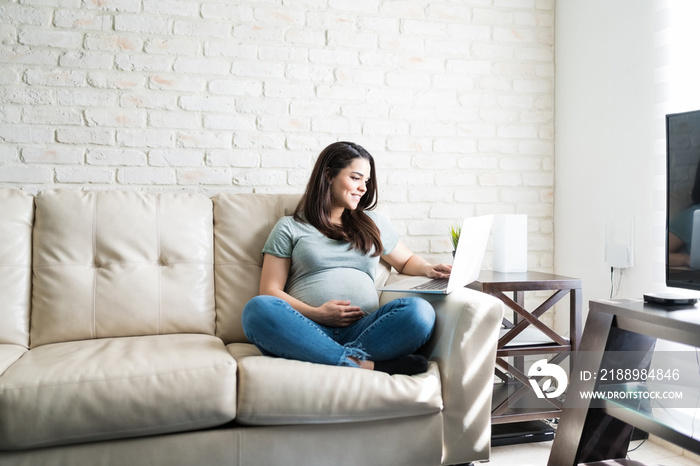 Beautiful Expectant Woman Sitting With Portable Technology