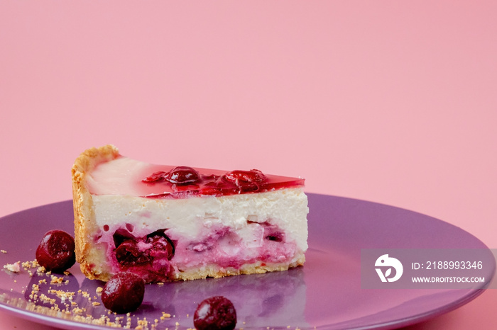 一片普通芝士蛋糕，配蔓越莓酱，放在饰有薄荷叶的白色盘子里。特写