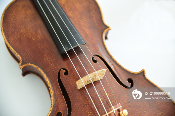 old violin on white background