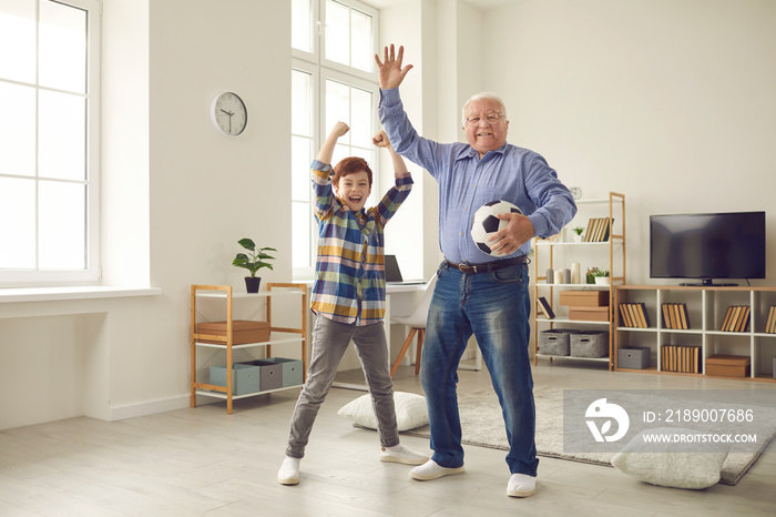 空闲时间，快乐的童年和活跃的老年人生活方式：快乐的祖父和十几岁的孙子hav