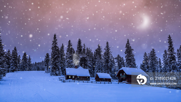Winterwunderland-Märchenhafte Almhütten mit rauchendem Kamin und gemütlichen Lichtern in einer versc