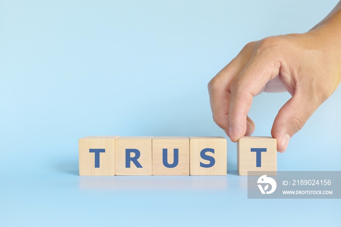 建立信任概念。用信任这个词手工堆叠木块。