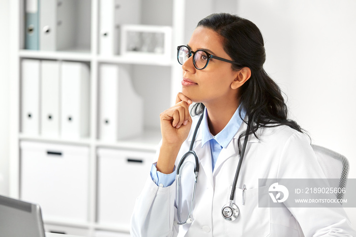 healthcare, technology people and medicine concept - indian female doctor in white coat with stethos