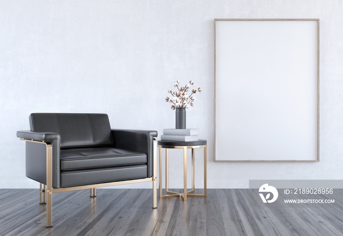 Mock up Black Leather Armchair in Modern Living room, interior design 3D Render 3D illustration