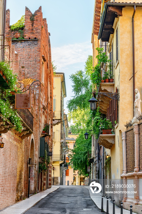 View of narrow street at historic centre of Verona, Italy