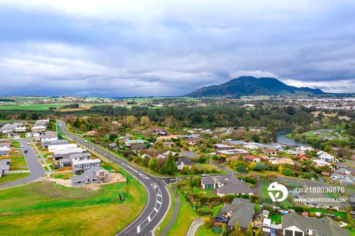 Sunset aerial view of lake Taupo and city New Zeland