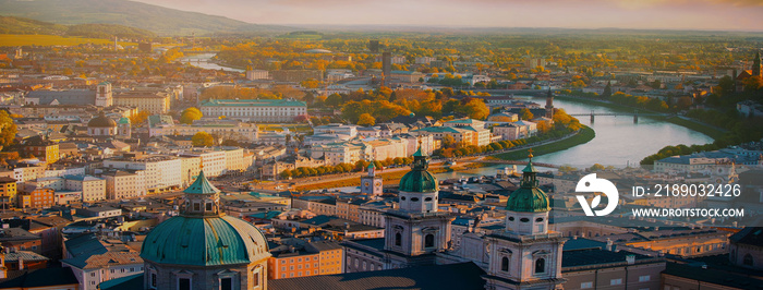 Panoramic view of Salzburg skyline historic city of Salzburg with Salzach river in beautiful golden 