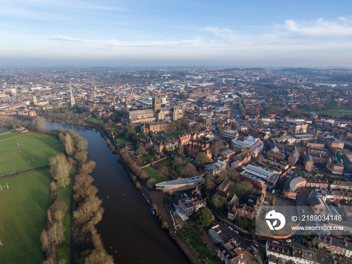 Aerial view of Worcester city centre, UK.