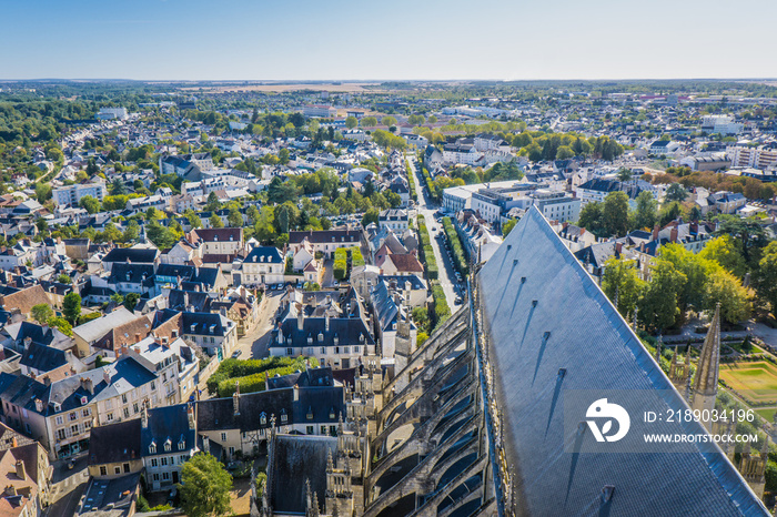  View on the medieval city of Bourges from the roof of the cathedral of Bourges (Berry, France), a g