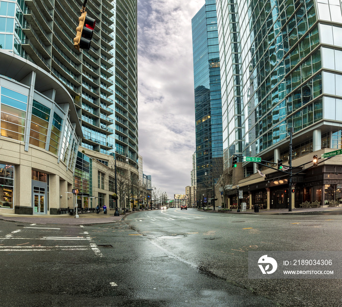 Modern city scene from street level