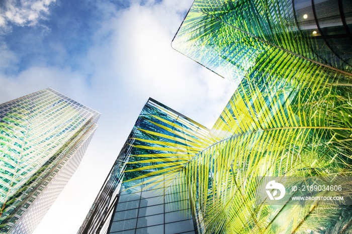 green city - double exposure of lush green forest and modern skyscrapers windows