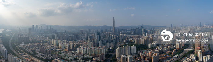 wide-angle night aerial view of Shenzhen financial district, Guangdong, China.Financial concept