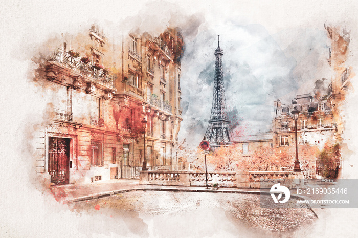 Watercolor painting of Eiffel Tower in Paris, France