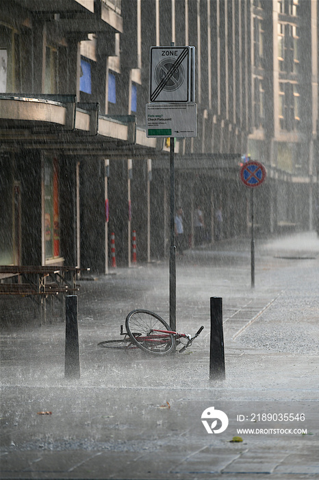 Forgotten bicycle under the rain in the street of Rotterdam. 