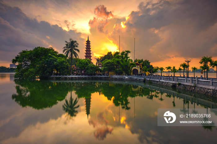 Sunset on Tran Quoc ancient pagoda in Ha Noi city, Vietnam.