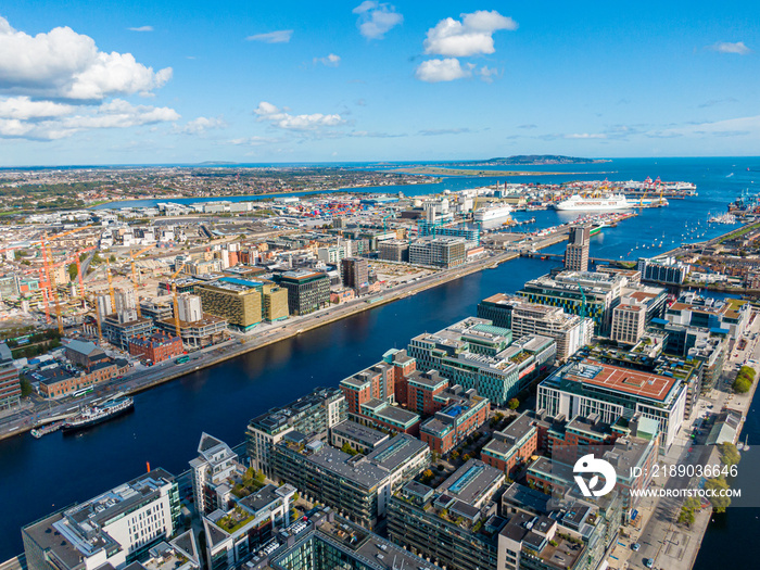 Aerial view on the channel part of Dublin near the port at the autumn