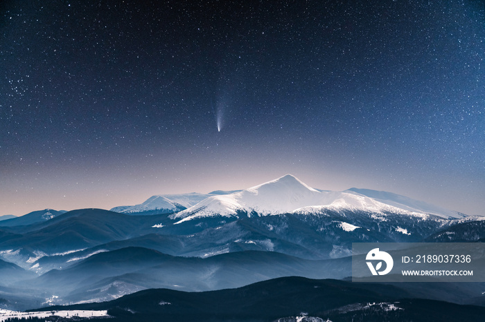 星光照耀下的奇妙冬季景观。白雪皑皑的树木和彗星i的戏剧性冬季场景