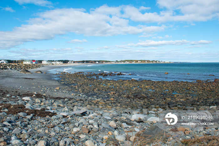 Rocky beach at Rye Harbor State Park in Rye, New Hampshire, USA.