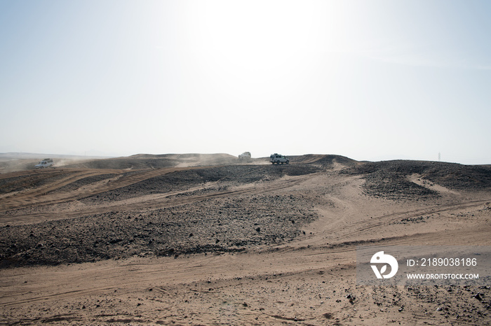 汽车克服沙丘障碍。比赛挑战沙漠。汽车越野行驶