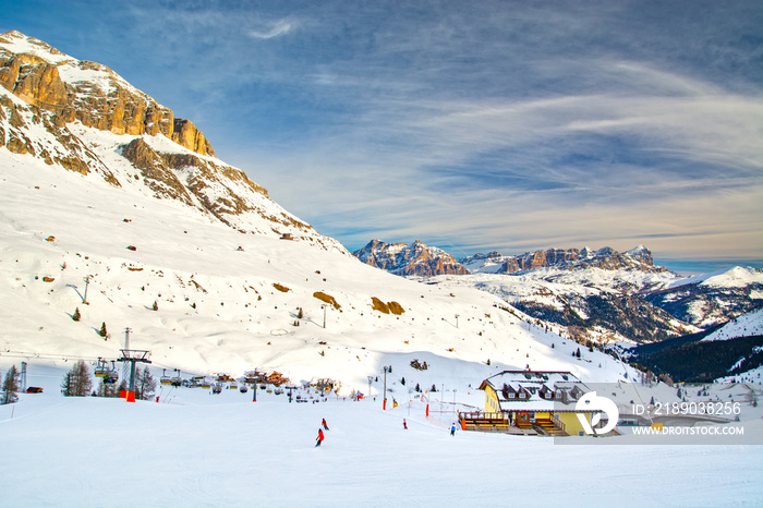 Dolomites landscape panorama in winter, Italy, Passo Pordoi, Arabba