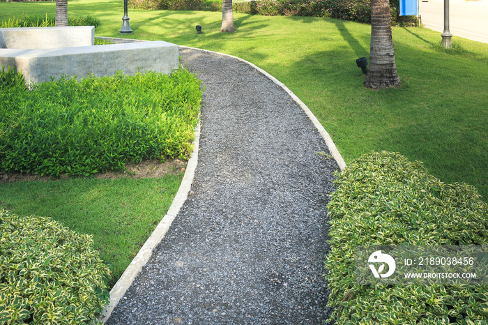Walkway and bush in garden. Constructed from asphalt concrete. Also called path, footpath, passage o
