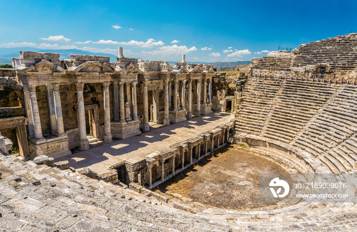 Hierapolis Ancient City Theater, Pamukkale, Denizli, Turkey. Roman Theater view from inside.