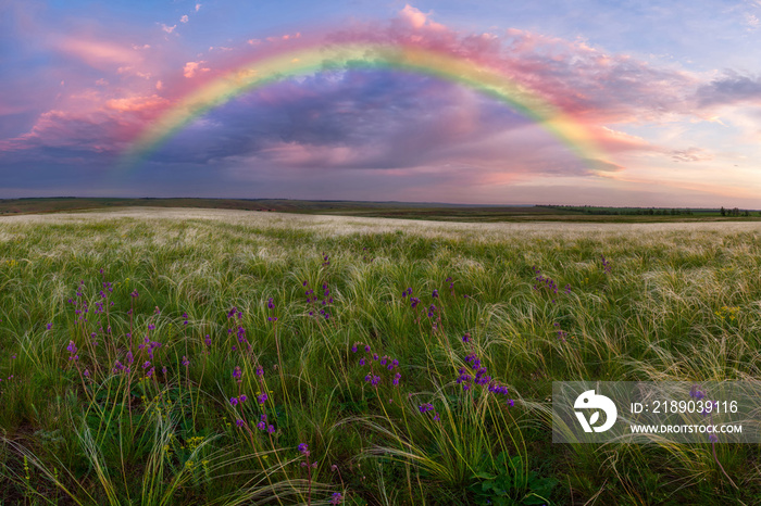 Spring landscape with rainbow