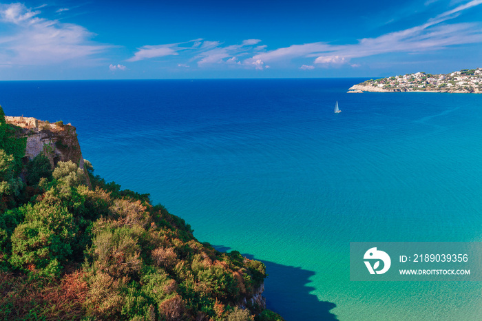 Panoramic sea landscape with Gaeta, Lazio, Italy. Scenic historical town with old buildings, ancient