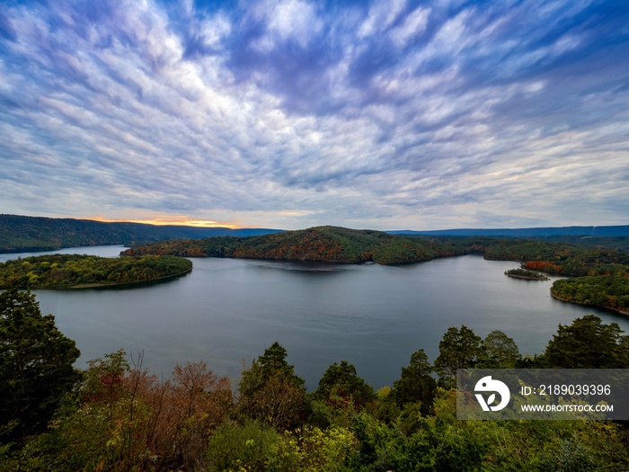 Gorgeous view of Raystown Lake from Hawn’s Overlook near Altoona, Pennsylvania in the fall right bef