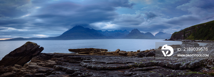 View on Cuillin Hills during late sunset/night from a small village Elgol, located in Isle of Skye, 